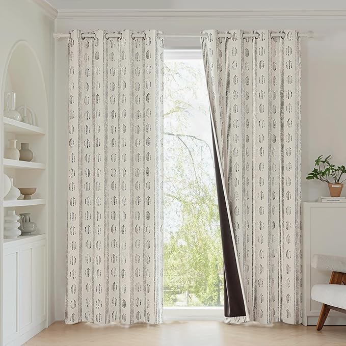 100% Boho Blackout Curtains 96 Inches Long for Bedroom, Black on Beige Patterned Bohemian Curtains for Living Room, Geometric Striped Thermal Insulated Window Drapes Gromment Top 2 Panels