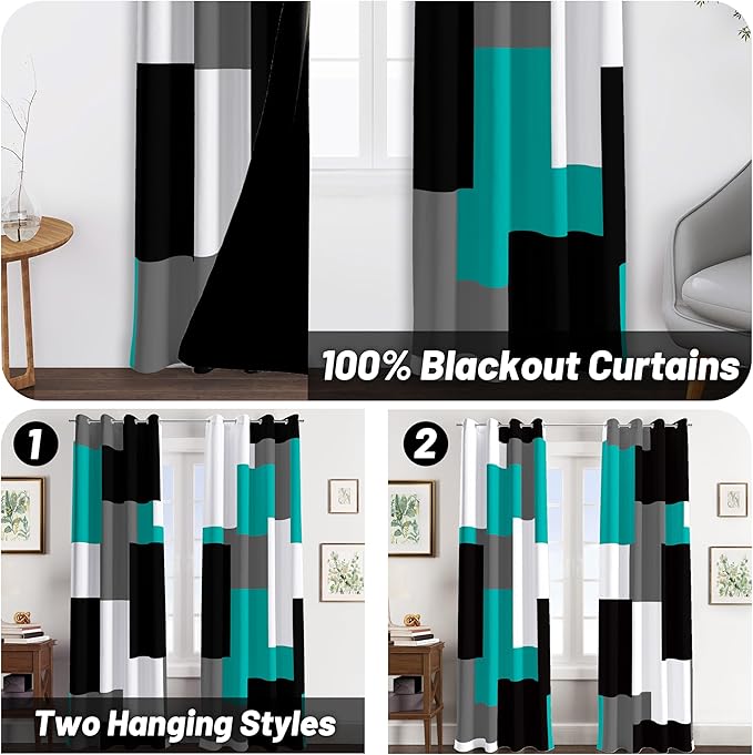 Teal/Turquoise 100% Blackout Curtains for Bedroom 84 inch Length 2 Panels Set Black White Grey Modern Abstract Geometric Black Out Curtains Room Darkening Window Drapes for Living Room, 52Wx84L