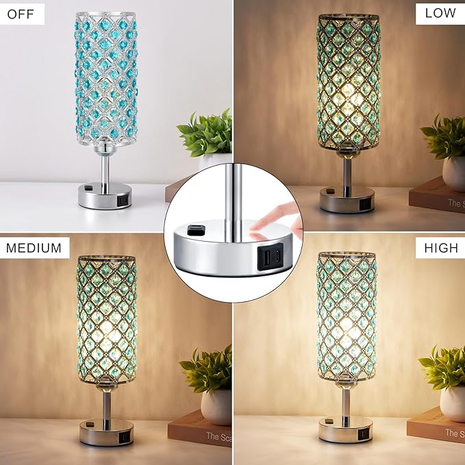 Hong-in Blue Crystal Lamp Touch Control Set of 2, Crystal Table Lamps with USB C+A Ports & AC Outlet, 3-Way Dimmable Nightstand Touch Lamp, Modern Bedside Table Lamp for Bedroom(Bulbs Included)