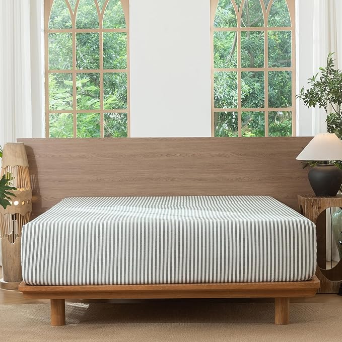MooMee Striped Fitted Bottom Sheet Only 100% Washed Cotton Linen Like Textured Breathable Durable Soft Comfy Deep Pocket Fits Mattress up to 17" (Heathered Green Classic Stripes, Queen)