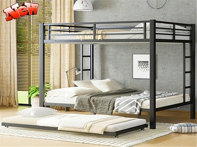 Upgraded Version Thicken Metal Heavy Duty Queen Over Queen Bunk Bed with Trundle, Best Modern Style Stronger BunkBed Frame Queen Size with Ladders for Adults, Easy Assembly (with Trundle)