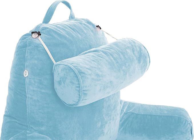 Husband Pillow Medium Sky Blue, Backrest for Kids, Teens, Petite Adults - Reading Pillows with Arms, Adjustable Loft, Plush Memory Foam, Bed Rest Chair Sitting Up, Detach Neck Roll, Removable Cover