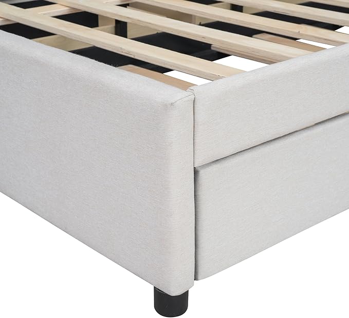 Full Size Bed Frame with Twin Size Trundle and 2 Storage Drawers,Linen Upholstered Platform Bed Frame Full with Brick Pattern Headboard,Solid Wood Slat Support,No Box Spring Needed,Beige