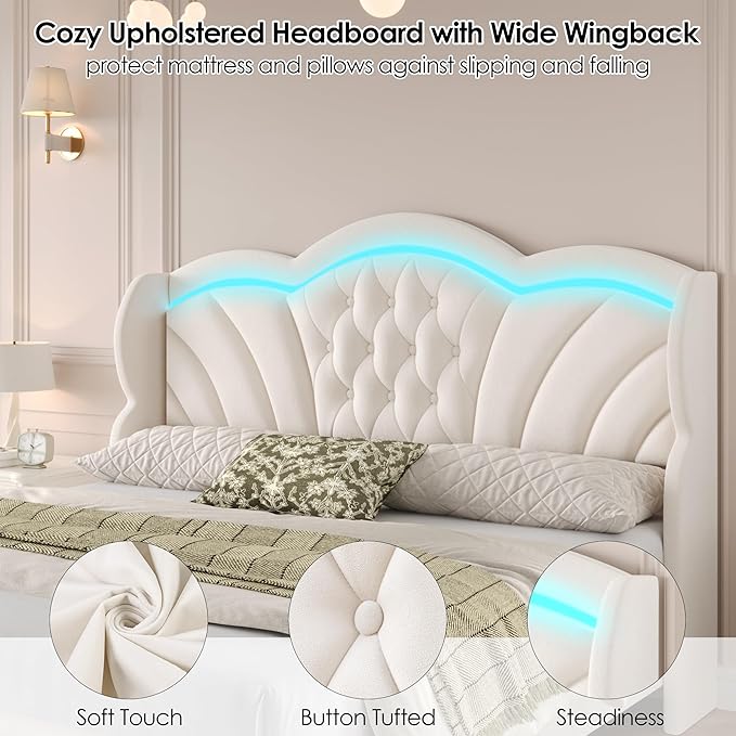 Keyluv King Bed Frame with LED Lights and 2 Storage Drawers, Velvet Upholstered Platform with 47" Tall Arc-Shaped Wingback Headboard and Button Tufted Design, No Box Spring Needed, Noise-Free, Beige