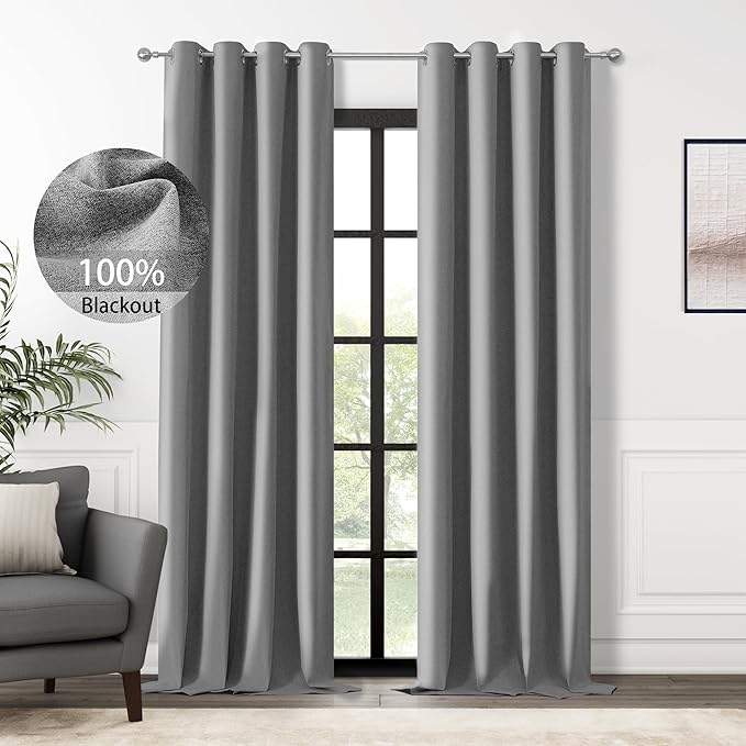 ChrisDowa 100% Blackout Grey Solid Curtains 120 Inches Long 2 Panels for Bedroom Living Room,Farmhouse Room Darkening Thermal Insulated Soundproof Grommet Top Window Treatment Drapes,52x120