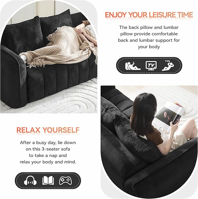 66'' Boneless Loveseat Sofa, 2 Seater Tufted Deep Seat Couch with Rounded Armrest, Upholstered Corduroy Cloud Couch for Living Room, Bedroom, No Assembly, Black