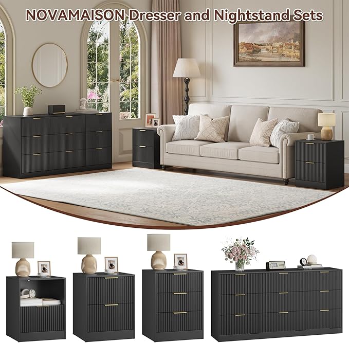 9 Drawer Dresser & Nightstand Set 3-Piece, 63” Wide Fluted Bedroom Dresser Set Night Stand Set of 2 with Metal Handle, Modern Wood Chest of Drawers Storage Dressers Set for Bedroom, Black