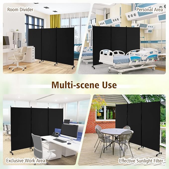GOFLAME 3 Panel Folding Room Divider, 6FT Rolling Privacy Screen with Lockable Wheels, Portable Room Partition Screen, Freestanding Wall Divider and Separator for Home Office, Black