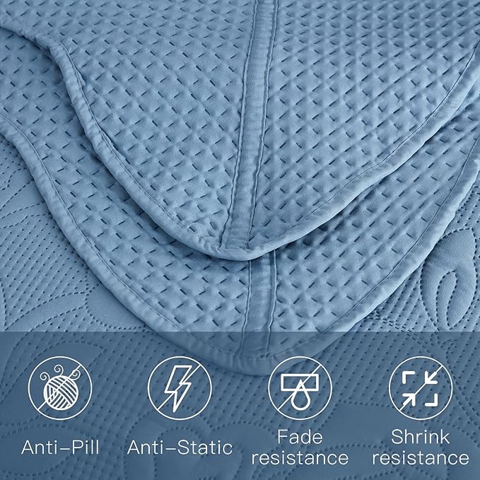 CHIXIN Bedspread Coverlet Quilt Set Full Size - Lightweight Bedding Cover - Ultrasonic Quilting - 5 Piece Reversible Bedspread - Vintage Rose Pattern (Full, Ashley Blue)