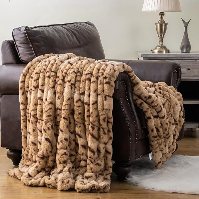 BATTILO HOME Luxury Ruched Faux Fur Throw Blanket Leopard Print, Double Side Soft Warm Rabbit Fur Blanket for Bed, Couch, Fall Throw Blanket for Home Decor, Large Cozy Mink Blanket 60"x80"
