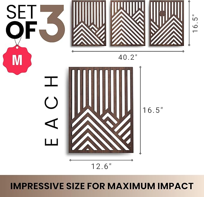 qmmp Modern Wooden Wall Sculptures - Set of 3 - Home Decor Accent - Large Wall Art for Living Room, Bedroom, Office - Easy Installation (Walnut, Medium - Mountain and Sun)