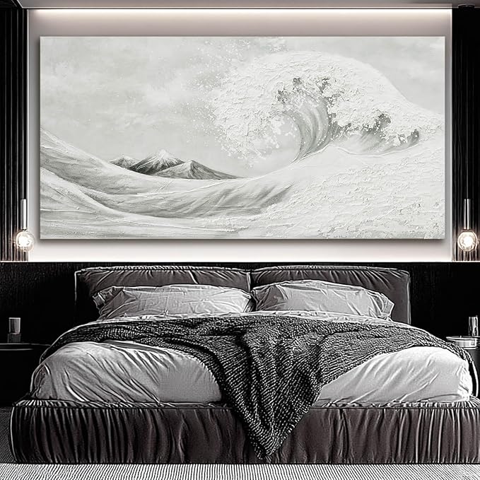 YETHEN WAL Textured Grey Wave Wall Art – Extra Large 3D Coastal Canvas, Neutral Minimalist Seascape for Living Room Bedroom, Hand-Painted Details, 29×58 Inch