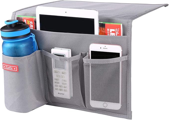 Zafit Bedside Storage Organizer - Table Cabinet Organizer Caddy for Remotes, Phone, Glasses (4 Pockets - Grey)