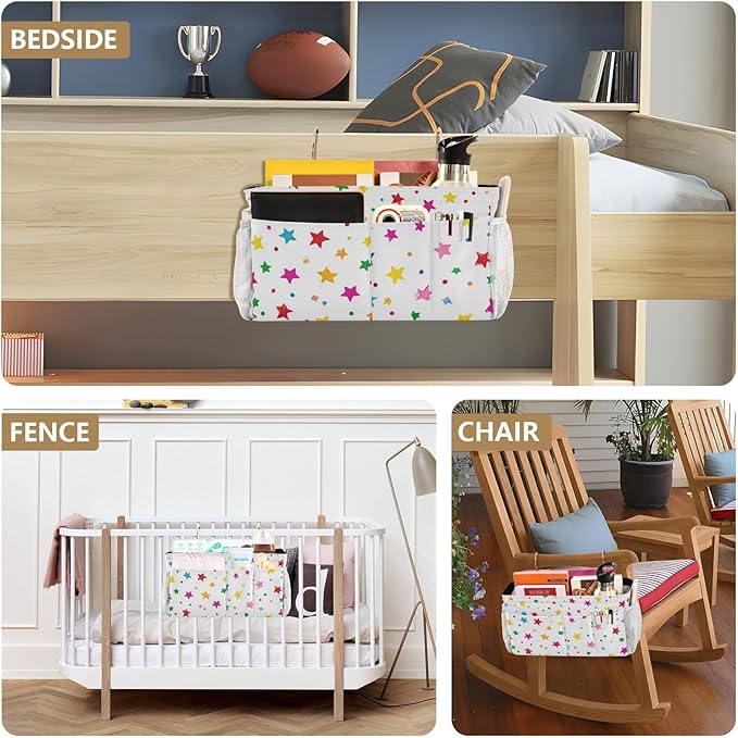 Bedside Caddy Hanging Bunk Bed Caddy Bed Organizer Hanging Pocket with 2 Hooks Bedside Storage Organizer Pocket Bag Holder Small Colorful Stars and Dots