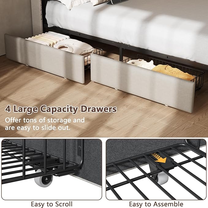 Forestell Queen Bed Frame with Headboard, Upholstered Platform Bed with 4 Storage Drawers, Built-in LED Lights & Charging Station, Metal Slats Support, No Box Spring Needed, Beige, Cama Queen Size