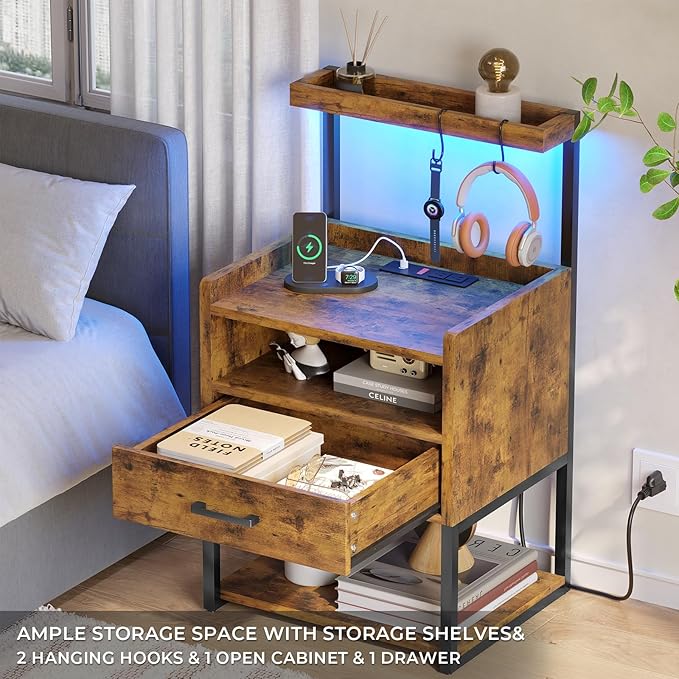 VIAGDO Rustic Brown Nightstands Set of 2 with Charging Station and LED Lights, LED Night Stand Set 2 with Drawer, Rustic End Side Table with Open Storage Shelves, Bedside Tables for Bedroom, Office