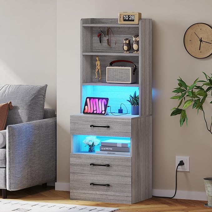 VIAGDO Tall Nightstand with Charging Station and LED Lights, Large Grey Night Stand with Bookshelf, Modern LED Bedside Table with 3 Drawers and Storage Shelves, End Side Table for Bedrooms, Dorms