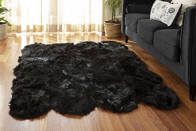 Silky Soft Faux Fur Rug, 5 ft. x 7 ft. Black Fluffy and Shaggy Sheepskin Area Carpet for Living Rooms, Bedroom, Kid's Room, or Nursery, Home Décor Accent, Machine Washable with Non-Slip Backing