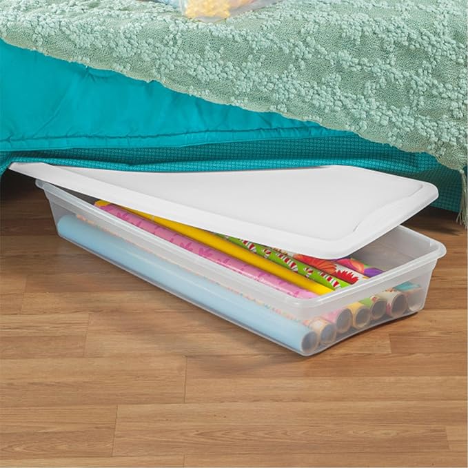 Sterilite 18 Pack Storage Box, 41 Quart Stackable Tote, Clear Plastic Container with Secure Snapping Lids for Home and Office Organization, White