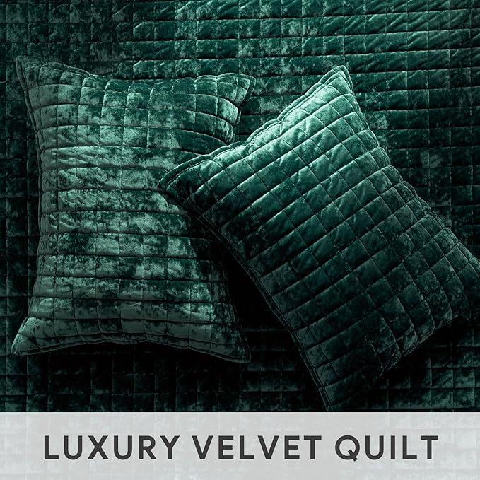 RECYCO Luxury Velvet Quilt Set Full Queen Size Bedding Sets, Ultra Soft Velvet Comforter Set, Lightweight Channel Box Stitch Oversized Bedspread Coverlet for All Season, with 2 Shams, Emerald Green