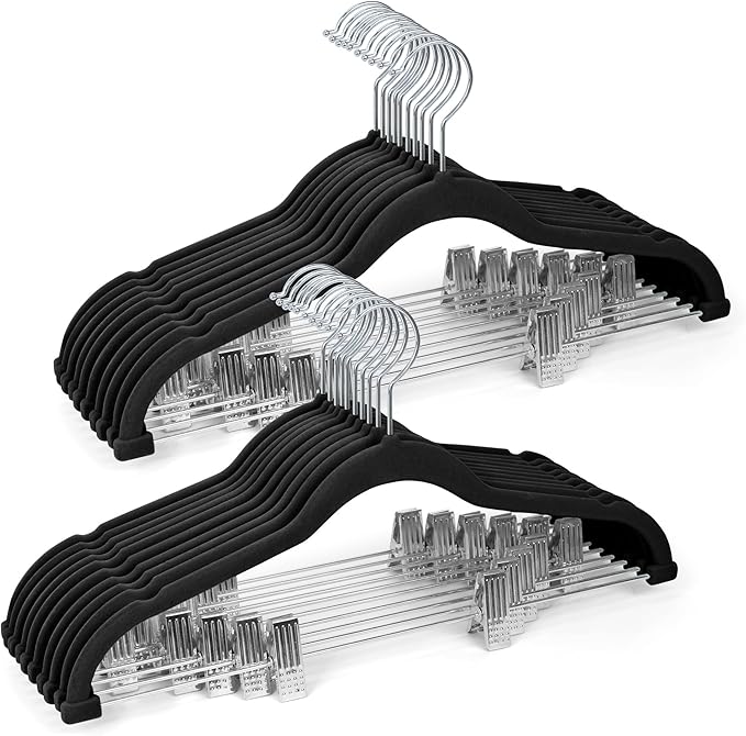 20 Pack Velvet Pants Hangers with Adjustable Clips, Heavy Duty Slim Non-Slip Flocked Hangers, Space-Saving Felt Clothes Hangers for Pants, Skirts, Jeans, and Dresses(Black)
