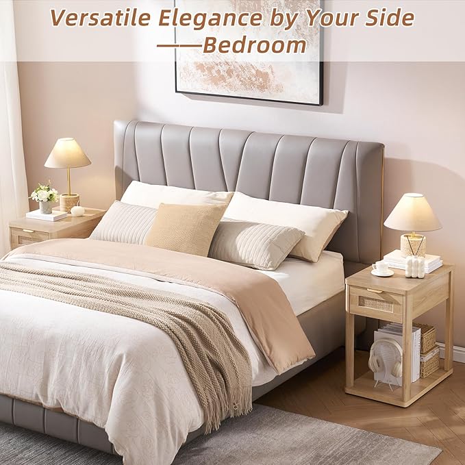 LEYAOYAO Narrow Side Table with Charging Station, 24x14''Rattan Night Stand with Drawer Storage, Natural Wood Bedside End Table for Small Spaces, Boho Nightstand for Living Room Bedroom