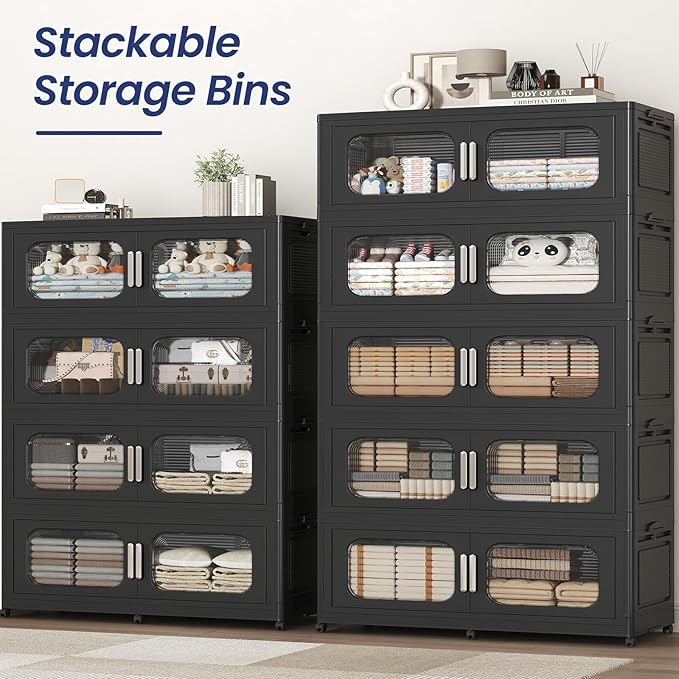 250 Gallon Extra Large Storage Bin with Lid and Wheels, Stackable Collapsible Plastic Storage Box with Door, Foldable Organizer for Closet, Kitchen, Office, Living Room, 5 Pack Black