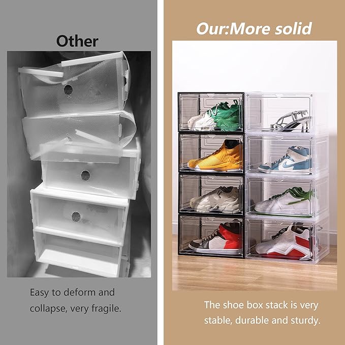 Attelite Large Clear Shoe Box Organizer,Plastic Stackable Shoe Storage Box with Magnetic Door, Large Clear Door Shoe Containers for Display Sneakers, Easy Assembly（Black）