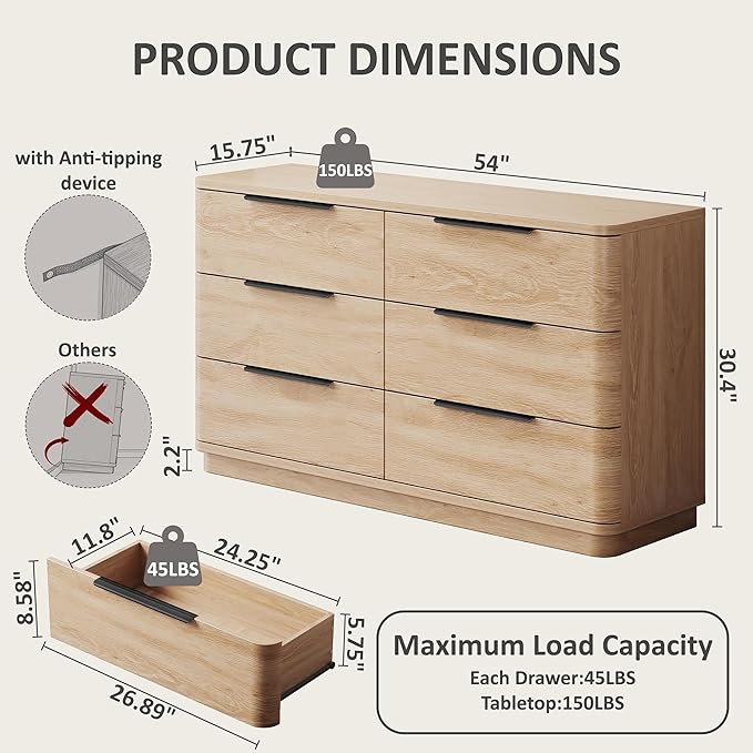 6 Drawer Dresser for Bedroom, 54" Wide Modern Chest of Drawers with Metal Handle, Curved Profile Design, Wooden Oak Dresser Closet Clothes Storage TV Stand for Living Room, Hallway