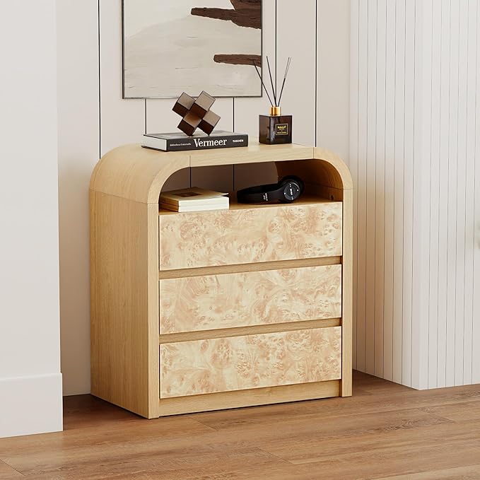 3 Drawer Dresser for Bedroom, Modern Chest of Drawers with Open Shelf, Burl Wood Tall Nightstand End Table for Living Room, Hallway (Natural)