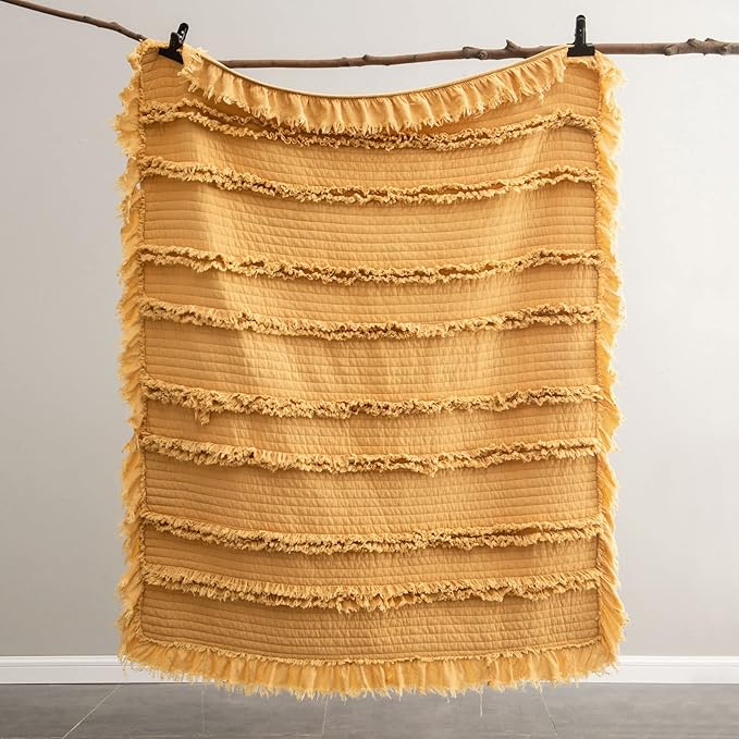 Ultra Soft Pre-Washed Warm Quilted Throw Blanket, Ruffle Fringed Yellow Boho Decorative Throw, Stone Washed Chic Rustic Blanket for Sofa Couch Bed Chair, 50"x 60"