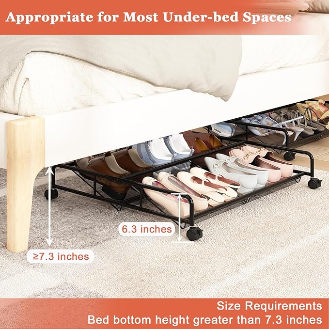 Under Bed Shoe Storage Organizer, Metal Mesh Under Bed Storage Containers with Wheels, Shoe Organizer Drawer Space Saving for Bedroom, 1 Pack