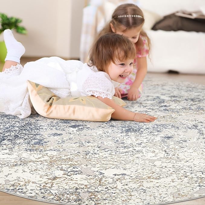 10ft Round Area Rug Living Room Rugs - 10x10 Washable Circle Rug Large Soft Indoor Neutral Modern Abstract Low Pile Carpet for Bedroom Dining Room Farmhouse Home Office - Beige Blue