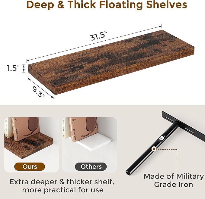 32 Inch Floating Shelves, Wall-Mounted Bathroom Shelves Set of 2, 9.3 Inch Deep Floating Shelf Bookshelf for Living Room, Bedroom, Heavy-Duty Deep Storage Shelf for Wall, Rustic Brown Color