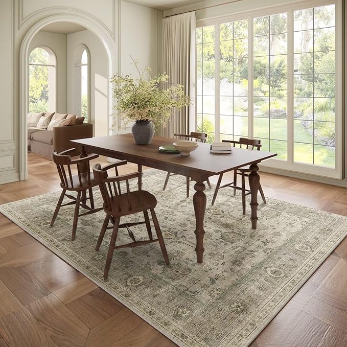 Washable 6x9 Area Rugs for Living Room, Boho Non-Slip Vintage Distress Large Rugs for Bedroom Dining Room Nursery Office, 0.3" Neutral Oriental Throw Thin Carpet, Flaxen/Brown/Multi