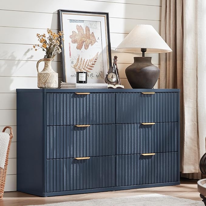 LEYAOYAO 48" Wide Fluted Dresser and 2 Drawers 23" Nightstand Set of 2, Wooden Dresser & Night Stand with Charging Station, 3 Piece Bedroom Furniture Set, Chest of Drawer for Living Room,Blue