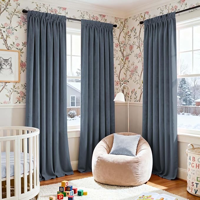 Lazzzy Velvet Blackout Curtains Thermal Insulated Room Window Drapes Super Soft Luxury Curtains for Living Room Bedroom Rod Pocket 2 Panels, Dark Slate, 42" W x 120" L