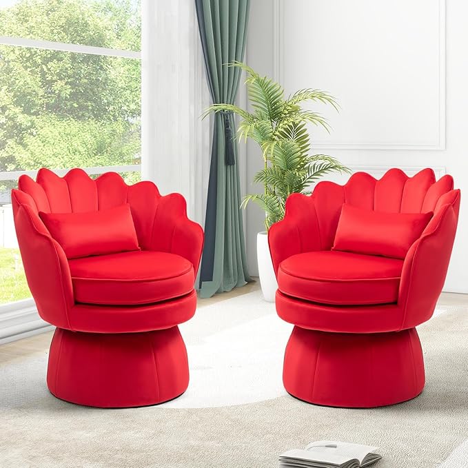 Swivel Accent Chairs Set of 2, 360° Mid-Century Modern Velvet Barrel Chair, Comfy Shell Shape Arm Chair with Lumbar Pillow for Living Room, Bedroom, Office, Rose Red (Red, Set of 2 Swivel chair)