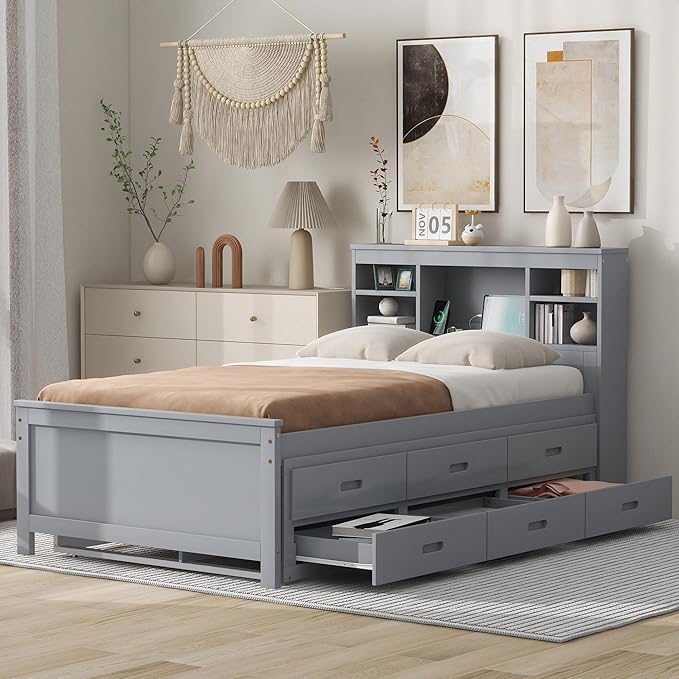 Platform Bed with Storage Headboard, USB, Twin Size Trundle and 3 Drawers, Twin Size, Gray
