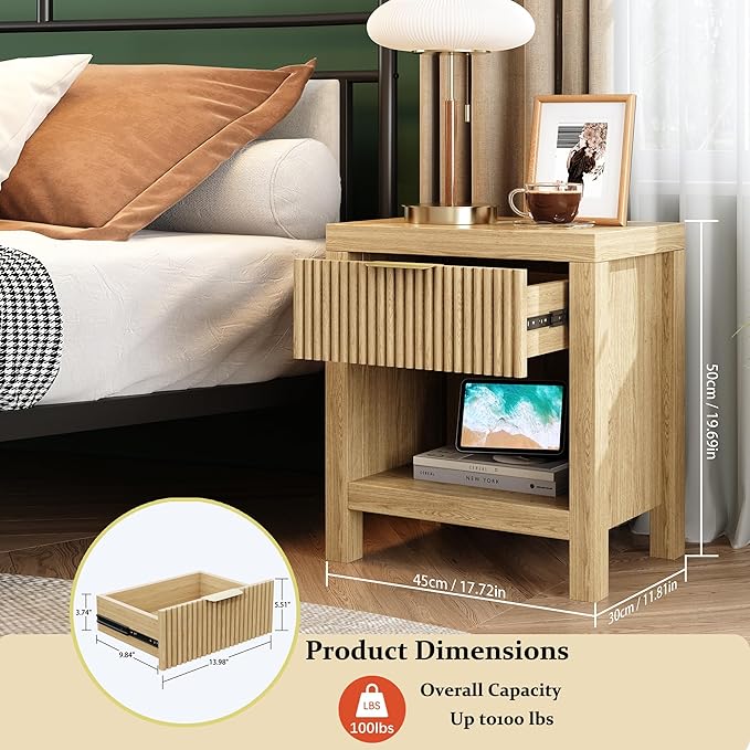 Nightstand Set of 2, End Table with 2 Drawers, Modern Bed Side Table with Storage, Farmhouse Fluted Cabinet Bedside Cabinet for Bedroom Living Room Sofa Couch Office Natural Oak