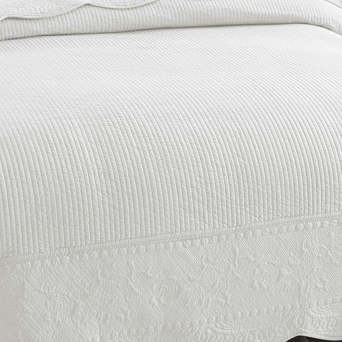 MarCielo 3-Piece 100% Cotton Oversized Bedspread Lightweight Quilt Coverlet Embroidery Farmhouse Bedding Set (TG Bright White, Oversized King (118"x106"))