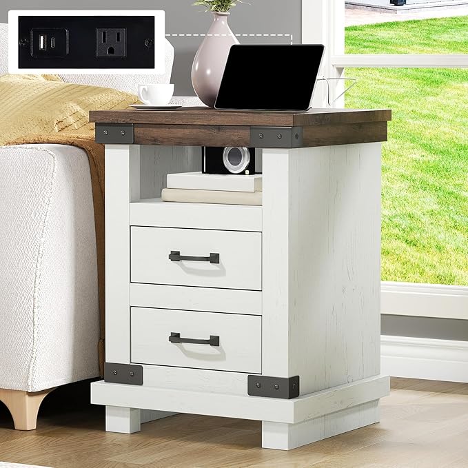 AMERLIFE Farmhouse Nightstand with Charging Station, 18" Wood Rustic Night Stand with 2 Storage Drawers, Heavy Duty Bedside Sofa Side End Tables for Bedroom, Living Room, Antique White