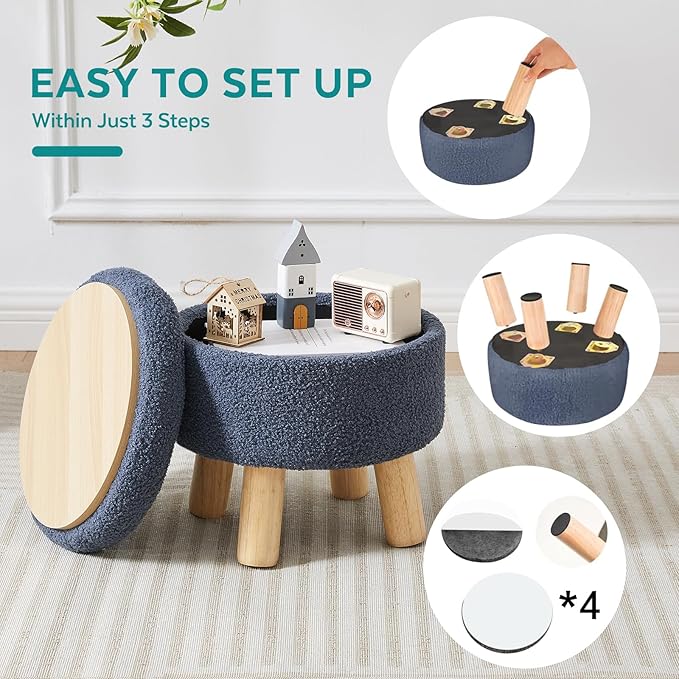 FIMIVIBI Small Foot Stool Ottoman with Storage, Sherpa Ottoman Foot Rest for Couch, Round Footstool with Storage, Small Ottomans and Footstools for Living Room and Entryway (Navy Blue)