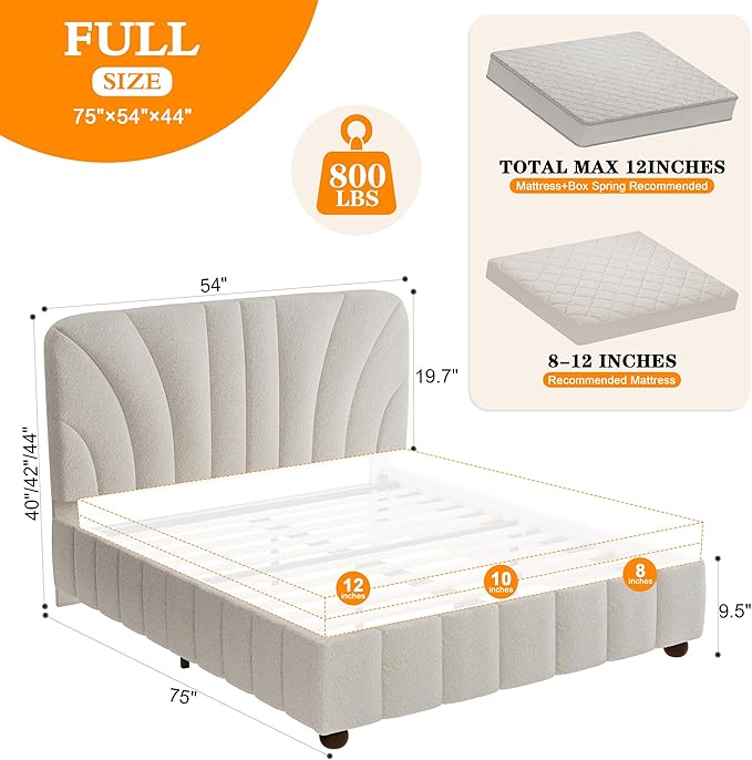 Full Size Boucle Bed Frame Upholstered Bed Frame Full with Adjustable Headboard, Solid Wood Slats Support, Bed for Bedroom Apartment, Dorm, No Box Spring Needed, Easy Assembly, Noise-Free, Cream