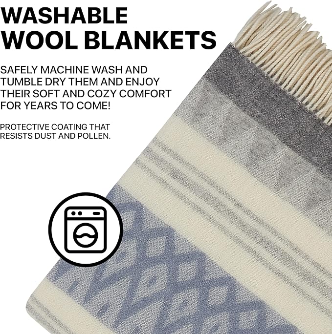 | Wool Blanket/Throw | 100% New Zealand Wool | Perfect for Home and Outdoors | Virgin Wool Throw with Fringes 75"x87" (190 x 220 cm)