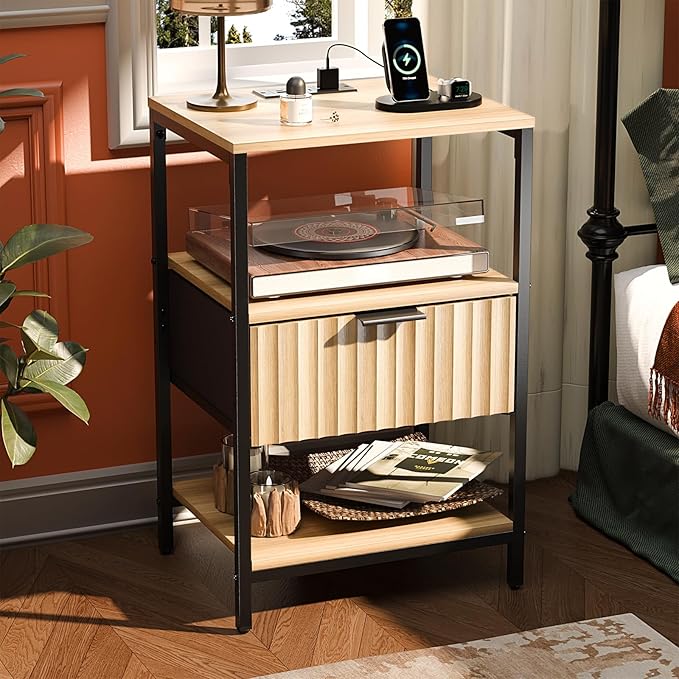 VINGLI Night Stand with Charging Station, Fluted Nightstand with Fabric Drawer, Bed Side Table/End Table for Bedroom, Dorm, 14.96" W*11.81" D*23.7" H