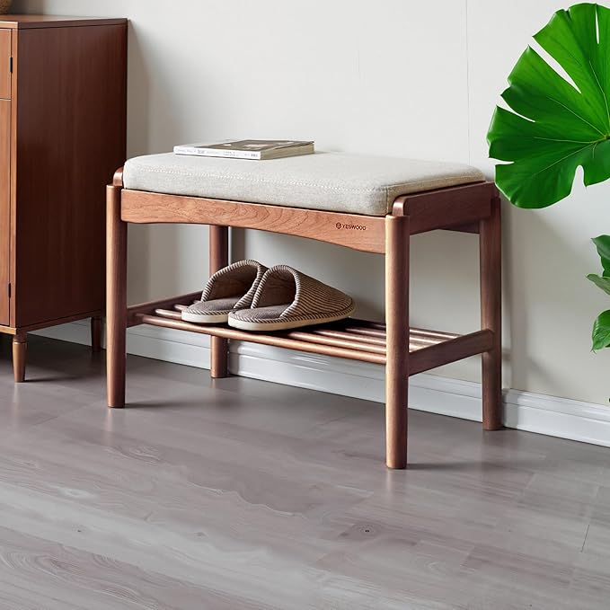Solid Wood Shoe Bench, Shoe Rack Bench Assembled with Cushion for Entryway, Hallway, Bedroom, Living Room, 11.8" x 23.6" x 16.5", Beech Wood, Walnut