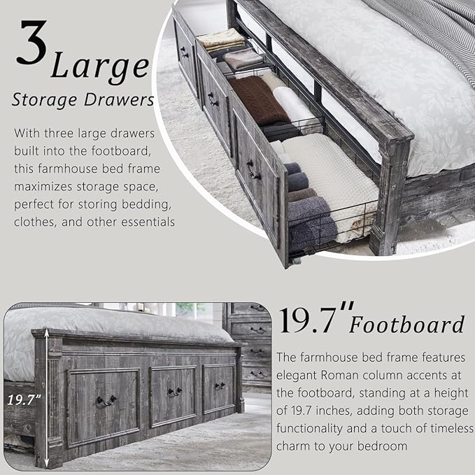 Farmhouse King Size Bed Frame with 51" Tall Headboard, Wood Platform Bed Frame with 20" Tall Roman Column Decoration Footboard & 3 Large Storage Drawers, No Box Spring Needed (Light Grey)