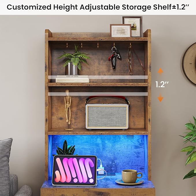 VIAGDO Tall Nightstand with Charging Station and LED Lights, Rustic Brown Night Stand with Bookshelf, Modern LED Bedside Table with 3 Drawers and Storage Shelves, End Side Table for Bedrooms, Dorms