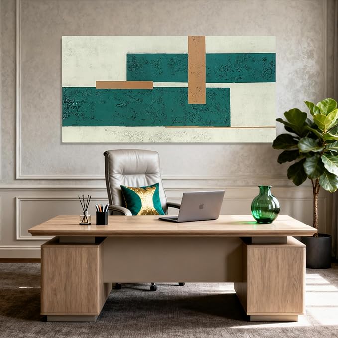 YETHEN WAL Teal Geometric Abstract Canvas Wall Art, 20×40 in Horizontal – Gallery Wrapped, Green & Beige Minimalist Artwork for Living Room, Bedroom, Office